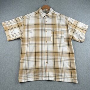 CalTop Button Down Shirt Mens XL Plaid Tan Attribute Short Sleeve Made In USA